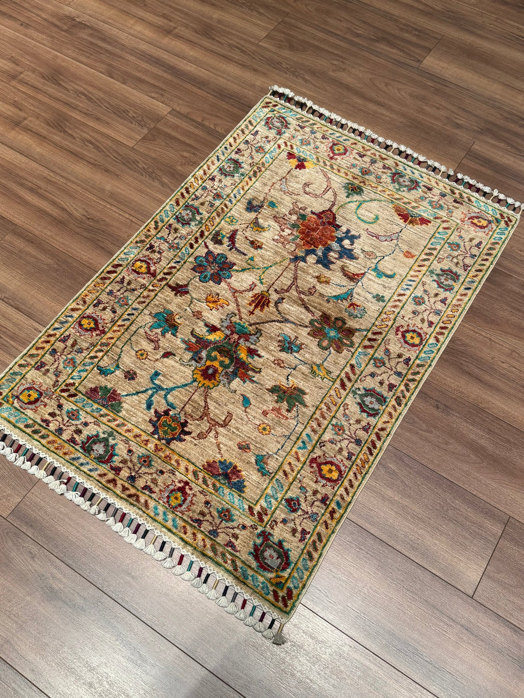 Sultani Binbirgece Original Hand Woven Beige Vegetable Dyed Wool Carpet - 5x6 ft