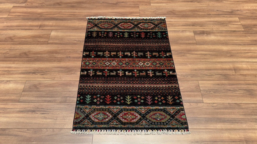 Khorjin Original Hand Woven Black Vegetable Dyed Wool Carpet - 2x4 ft