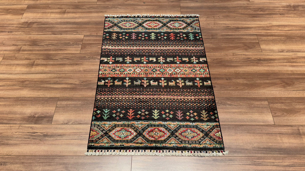 Khorjin Original Hand Woven Black Vegetable Dyed Wool Carpet - 2x4 ft